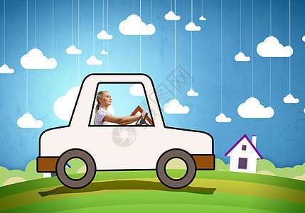 女司机开车的轻女孩画了辆小趣的车背景图片