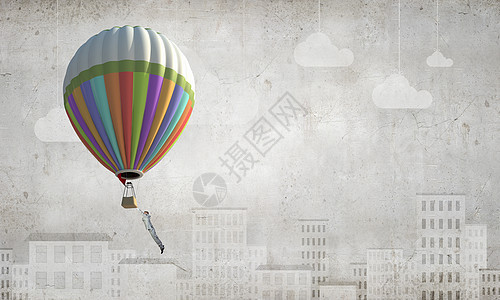 商人飞来寻找悬挂气球上的想法寻找新的商业想法图片