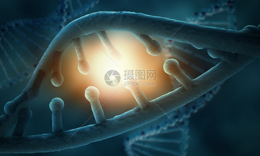 DNA分子图像蓝色背景下DNA分子的生物化学科学图片