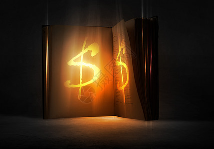 财务成功的秘诀旧的打开了带美元符号的魔法书背景图片