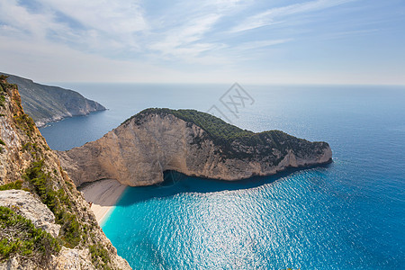 希腊沉船湾希腊Zakynthos岛上美丽的纳瓦乔海滩背景