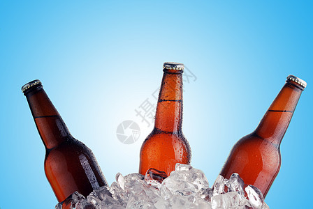 棕色的啤酒瓶冰上冷却图片