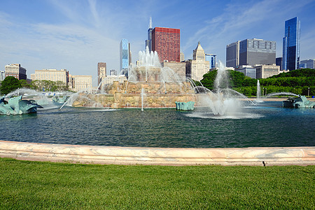 早上芝加哥天际线白金汉喷泉没品牌名称版权象图片