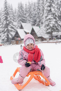 可爱的小女孩的肖像,坐雪橇冬季与新鲜的雪,吃饼干休息图片