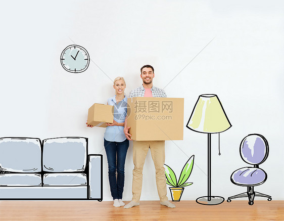 家,人,维修房地产的幸福的夫妇着纸板箱,搬新的地方家具卡通素描背景图片