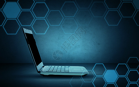 技术,网络互联网连接打开笔记本电脑与空白屏幕六角图案深灰色背景图片
