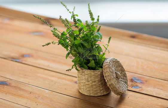 植物学,夏季,园艺草药新鲜梅丽莎柳条篮子木制桌子上图片