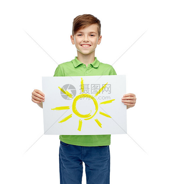 童,创造力,艺术人的快乐的微笑男孩着太阳的绘画图片图片