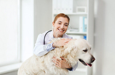 医学,宠物,动物,保健人的快乐的兽医医生与黄金猎犬兽医诊所图片