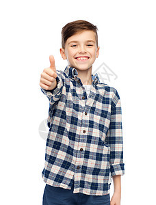 手势,童,别,时尚人的微笑的男孩穿着格子衬衫牛仔裤,竖大拇指图片
