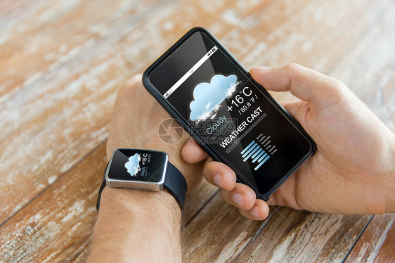 技术,应用,天气预报人的近距离的男手智能手机佩戴手表与云图标空气温度屏幕上图片