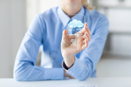 技术,应用,天气,预报人的密切妇女手握透明智能手机与云图标空气温度屏幕办公室背景图片