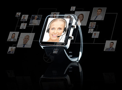 现代技术,商业,社会网络,象通信黑色智能手表与帮助热线运营商联系人图标投影图片