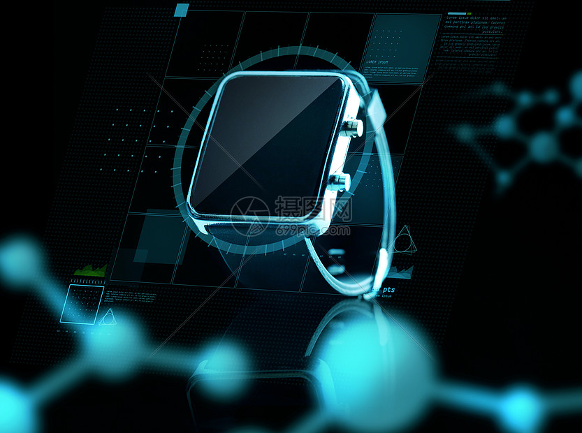 现代技术,科学,生物学物体黑色智能手表的虚拟屏幕分子投影图片