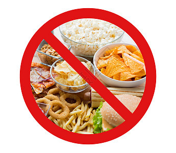 快餐,低碳水化合物饮食,肥胖健康的饮食快餐小吃可乐饮料背后没符号圆圈反斜杠禁止标志图片