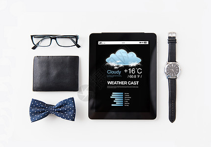 技术象平板电脑与天气铸造应用,钱包,眼镜,保龄球手表桌子上图片
