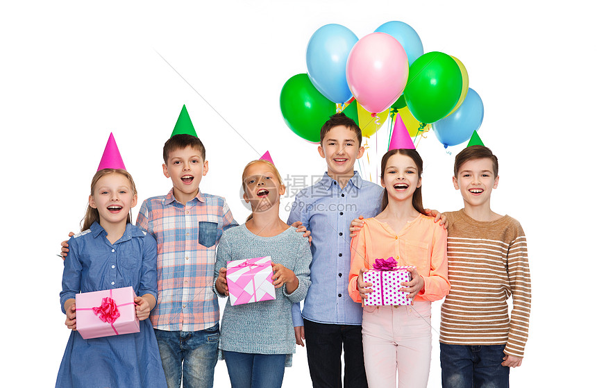 ‘~童,假期,友谊人的快乐的微笑孩子戴着派帽,生日礼物气球  ~’ 的图片