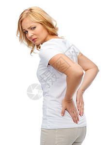 人,医疗,背痛问题的幸的女人遭受疼痛的背部图片