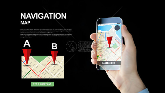 人,现代技术,应用导航男手握透明智能手机与GPS路线图屏幕上的黑色背景图片