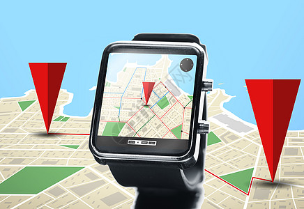 现代技术,旅行,导航,象位置黑色智能手表与导航屏幕上的背景图片