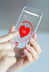 商业,技术,医疗保健人的密切妇女手握透明的智能手机与心率屏幕上图片