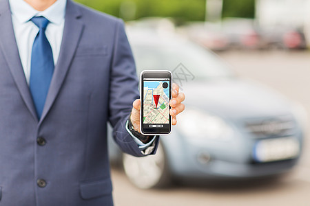 运输,商务旅行,技术,导航人的近距离智能手机GPS导航屏幕上的汽车停车图片