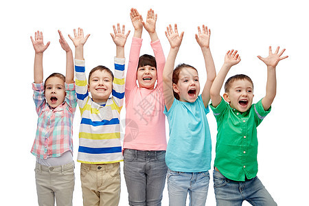 童,时尚,手势人的快乐的微笑朋友举拳头庆祝胜利图片