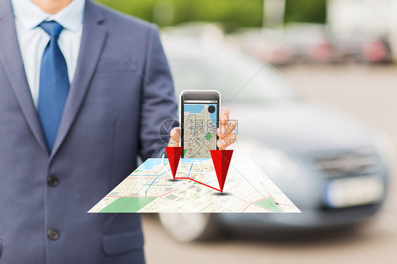 运输,商务旅行,技术,导航人的近距离智能手机GPS导航屏幕上的汽车停车图片