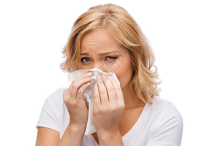 人,保健,鼻炎,感冒过敏的快乐的女人用纸巾鼻子图片