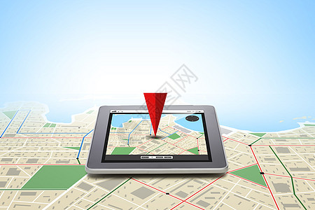 技术,导航,位置小工具平板电脑与GPS导航屏幕上的灰色背景图片