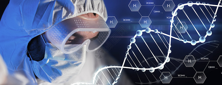 科学化学生物学医学人的化学实验室,科学家氢化学配方DNA分子上戴上护目镜防护罩图片