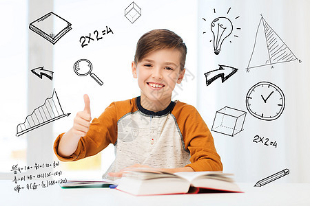 教育,童,人学校的快乐的学生男孩教科书笔记本拇指家里的数学涂鸦图片