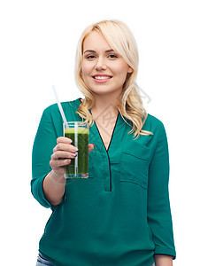 健康饮食,素食,饮食,排人们的微笑的轻女人喝绿色蔬菜汁冰沙璃图片