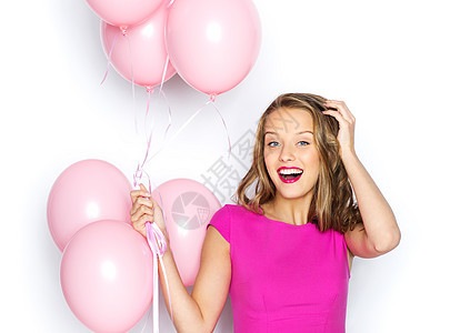 美丽,人,风格,假日时尚快乐的轻女人十几岁的女孩穿着粉红色的裙子与氦气球图片