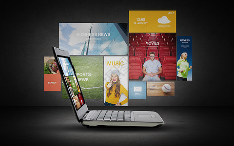 技术,媒体,多媒体广告笔记本电脑与互联网应用屏幕上的灰色背景图片