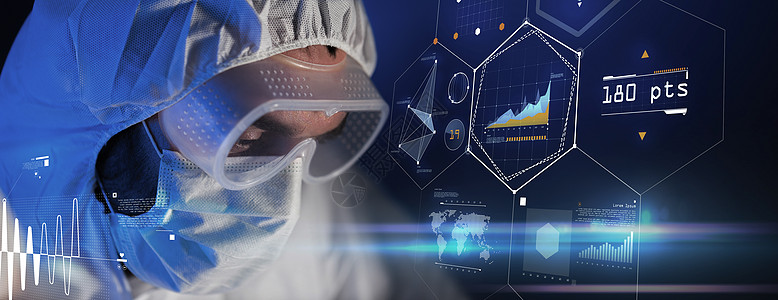 科学化学未来技术医学人的科学实验室用虚拟屏幕公式近距离拍摄科学家护目镜防护罩中的脸图片