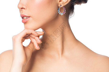 魅力,美丽,珠宝奢侈的特写美丽的女人脸与耳环图片