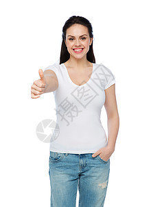 广告,手势,服装人的快乐微笑的轻女人十几岁的女孩穿着白色T恤,竖大拇指图片