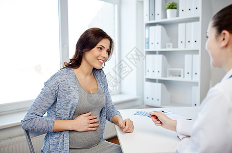 孕妇和医生怀孕,妇科,医学,保健人的微笑妇科医生给孕妇医院开会的药丸背景
