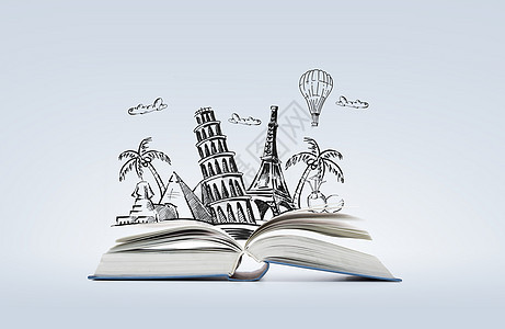教育,旅游,小说文学开放式书籍与地标绘图图片