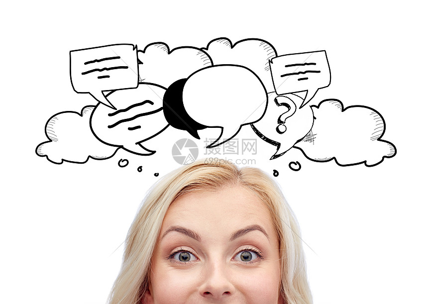 好奇心沟通人的快乐的轻女人十几岁的女孩文字泡泡涂鸦