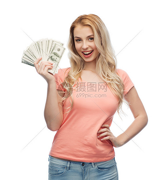 金钱,财政,投资,储蓄人的快乐的轻女人与美元现金货币图片
