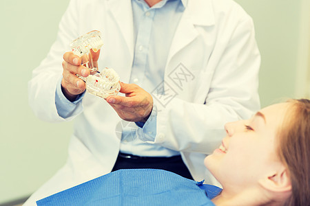 人,医学,口腔科保健快乐的男牙医下巴牙齿布局给病人女孩牙科诊所办公室图片
