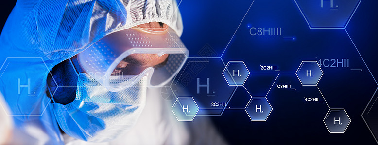 科学,化学,生物学,医学人的接近科学家化学实验室的护目镜防护罩氢化学配方图片