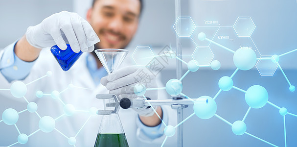 科学化学生物学医学人的科学家用漏斗填充试管,并蓝色分子结构背景下临床实验室进行研究背景图片