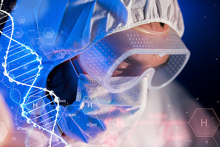 科学化学生物学医学人的化学实验室,科学家护目镜防护罩中靠近氢化学公式DNA分子结构图片