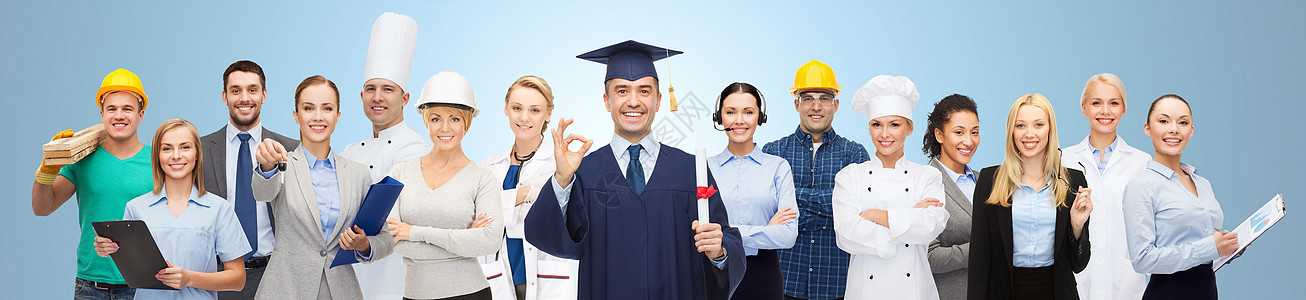 人,职业,教育,手势成功快乐的学士学位OK标志同的工人蓝色背景图片