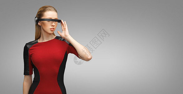 人,技术,未来进步轻的女人与未来3D眼镜灰色背景图片