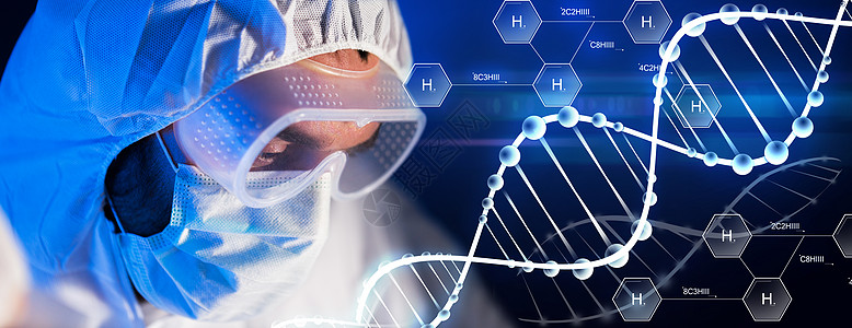 科学化学生物学医学人的化学实验室,科学家氢化学配方DNA分子上戴上护目镜防护罩图片