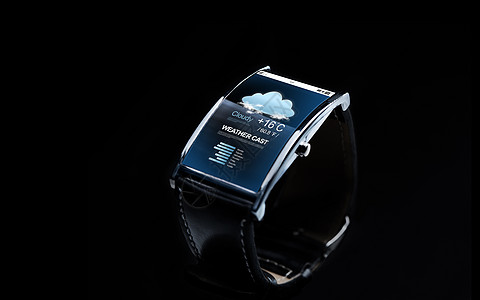 现代技术,天气铸造,象媒体黑色智能手表与气象预报屏幕图片